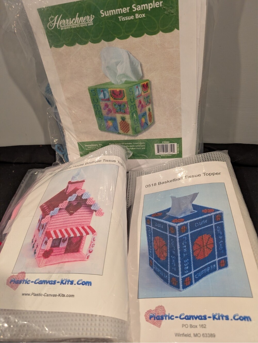 3 Plastic Canvas Tissue Box Kits Herrschners Summer Valentine House Basketball